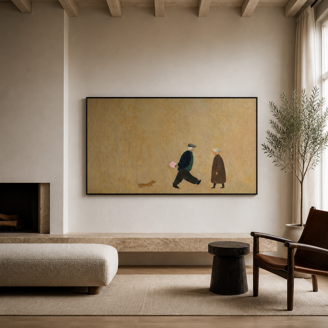 Heartfelt Journey - Minimalist Elderly Couple & Dog Impasto Canvas Wall Art