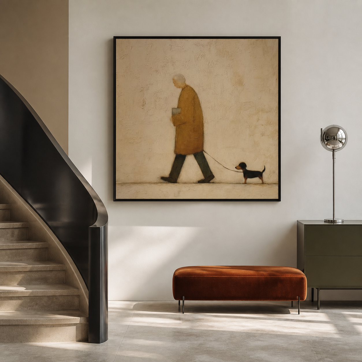 Gentle Stroll - Elderly Man Walking Dachshund Dog Impasto Canvas