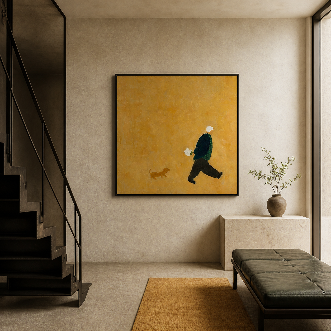 Golden Moment - Man Carrying Flowers with Dog Minimalist Canvas