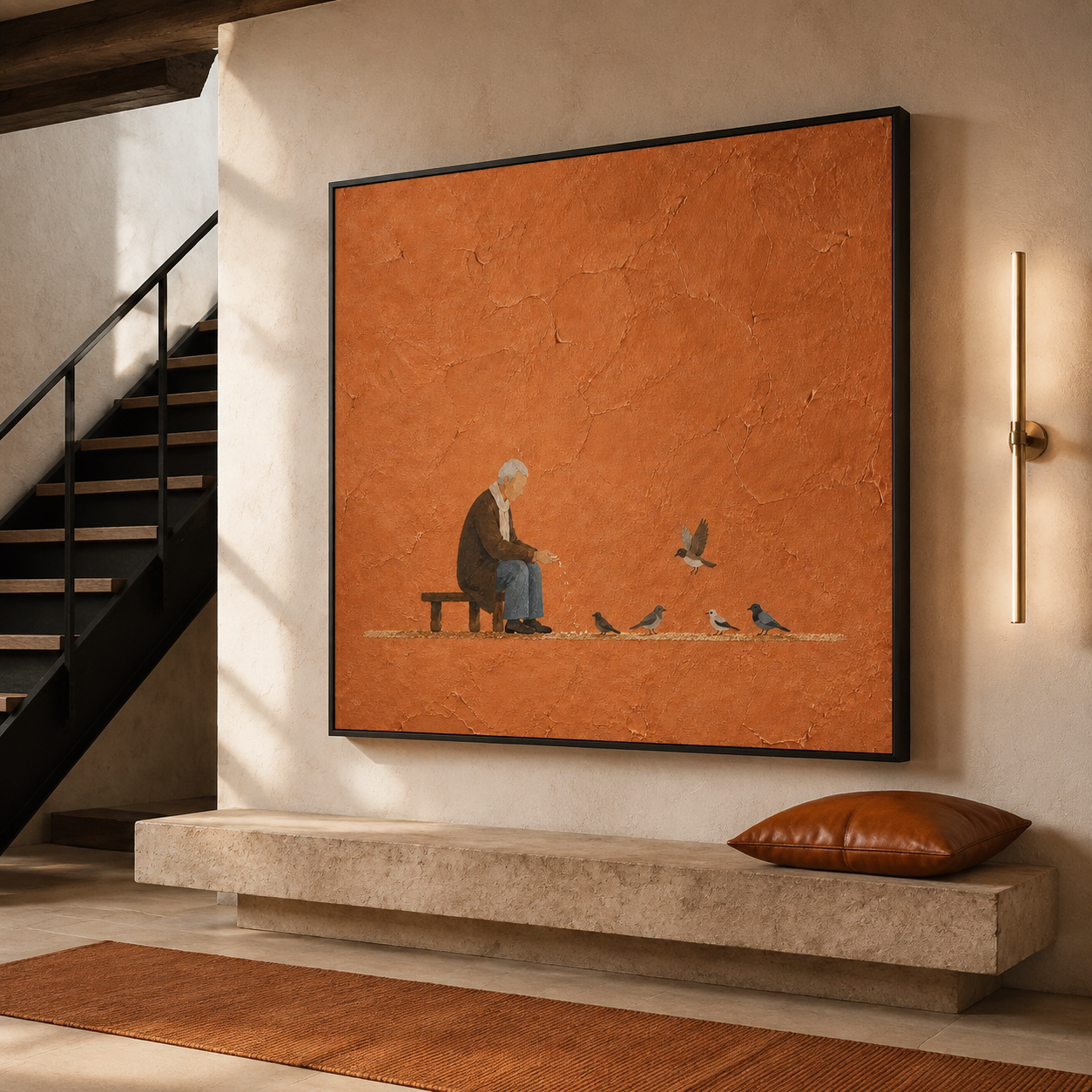 Golden Years - Old Man Feeding Birds Terracotta Impasto Canvas