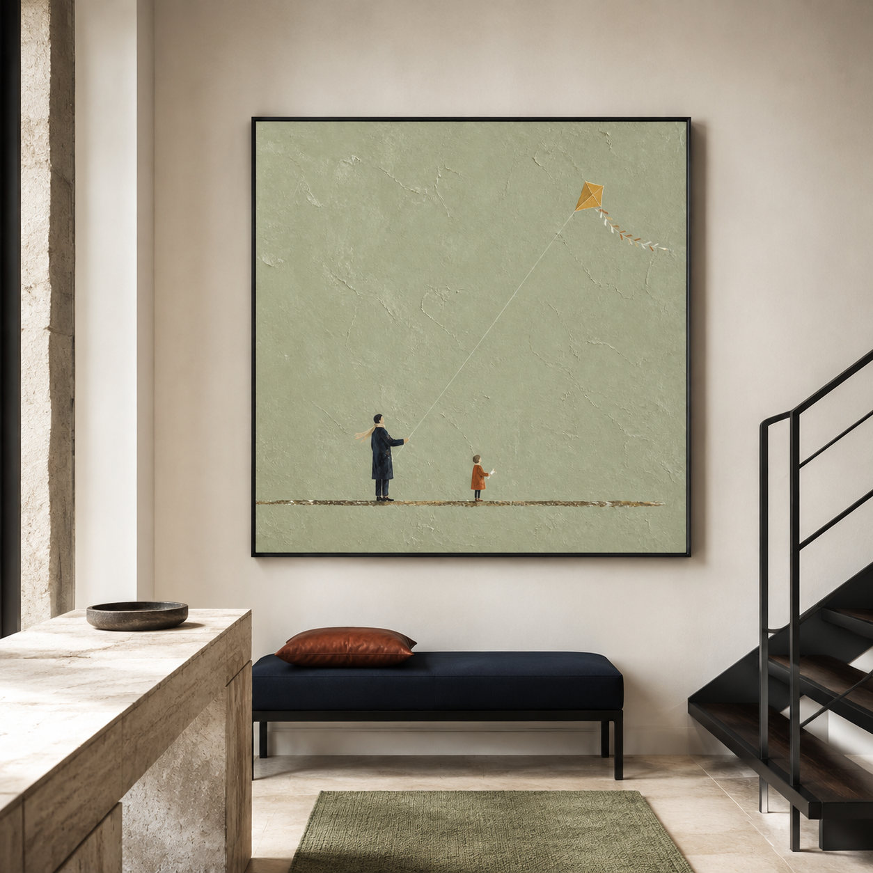 Flying Dreams - Father & Child Flying Kite Sage Green Impasto Canvas