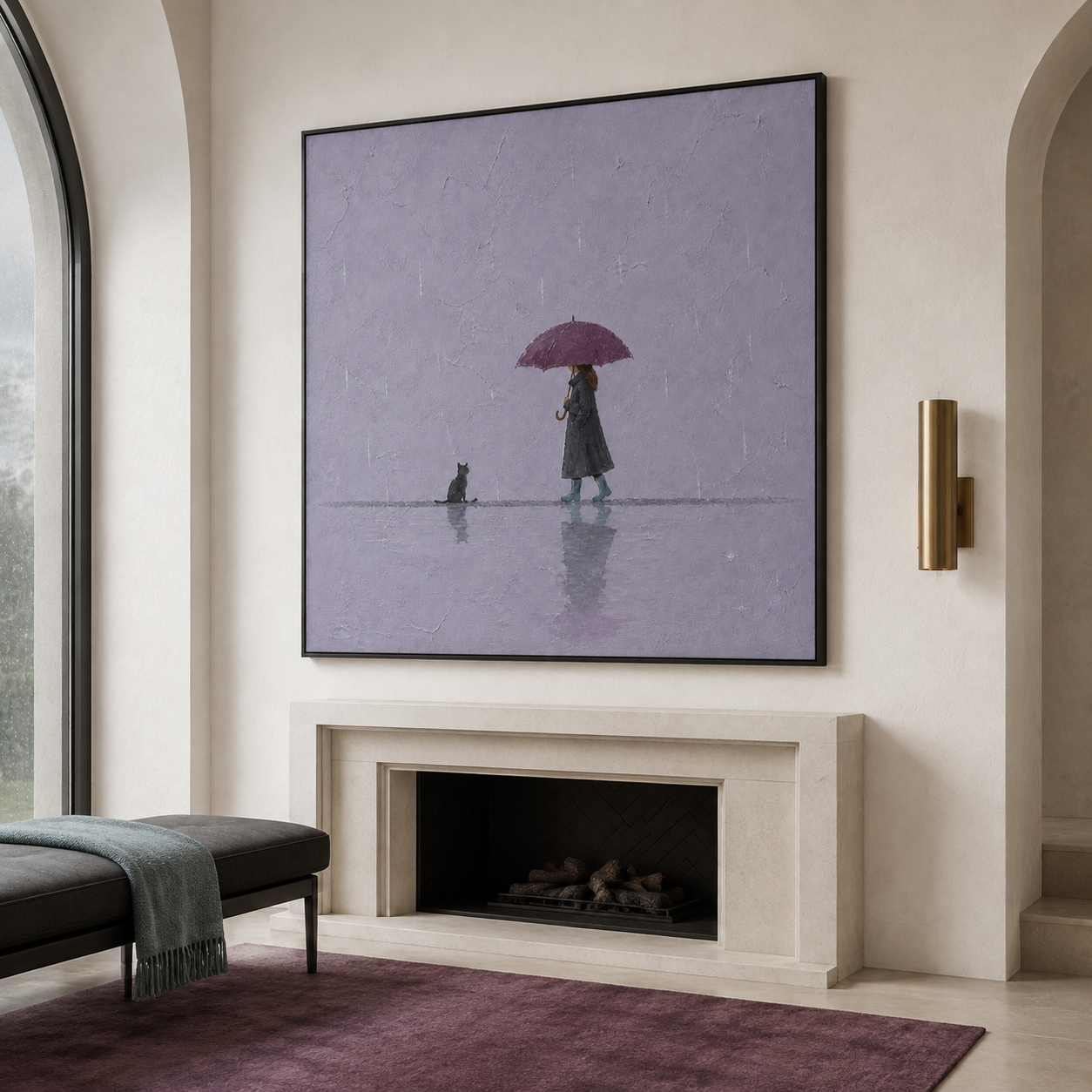 Rainy Serenity - Woman with Umbrella & Black Cat Dusty Purple Canvas