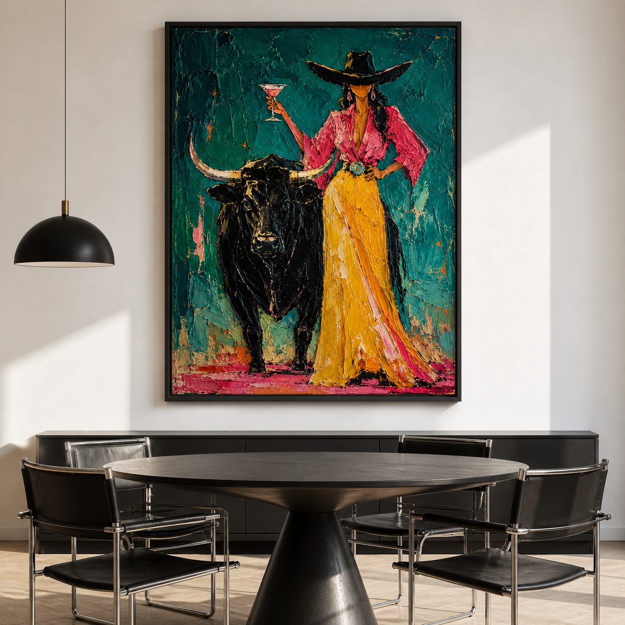Bold Spirit - Cowgirl with Glass & Black Bull Textured Painting