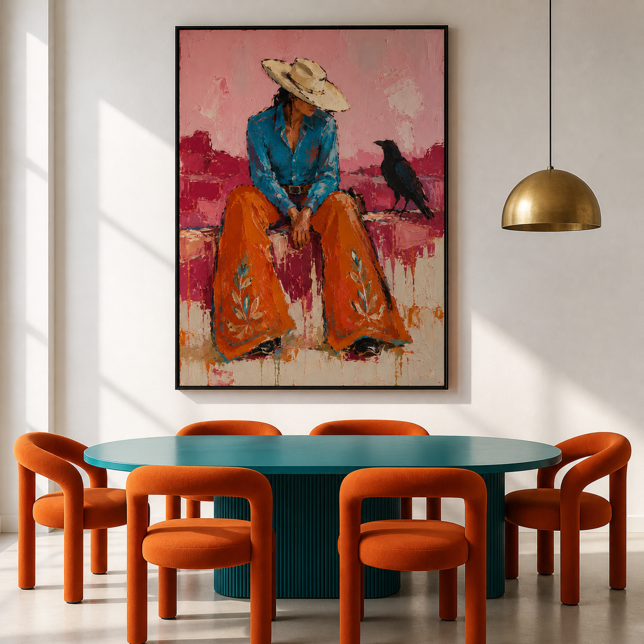 Desert Solitude - Cowgirl with Black Raven Textured Painting