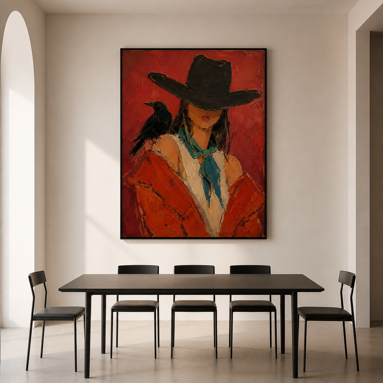 Crimson Shadow - Mysterious Cowgirl & Raven Portrait Textured Painting