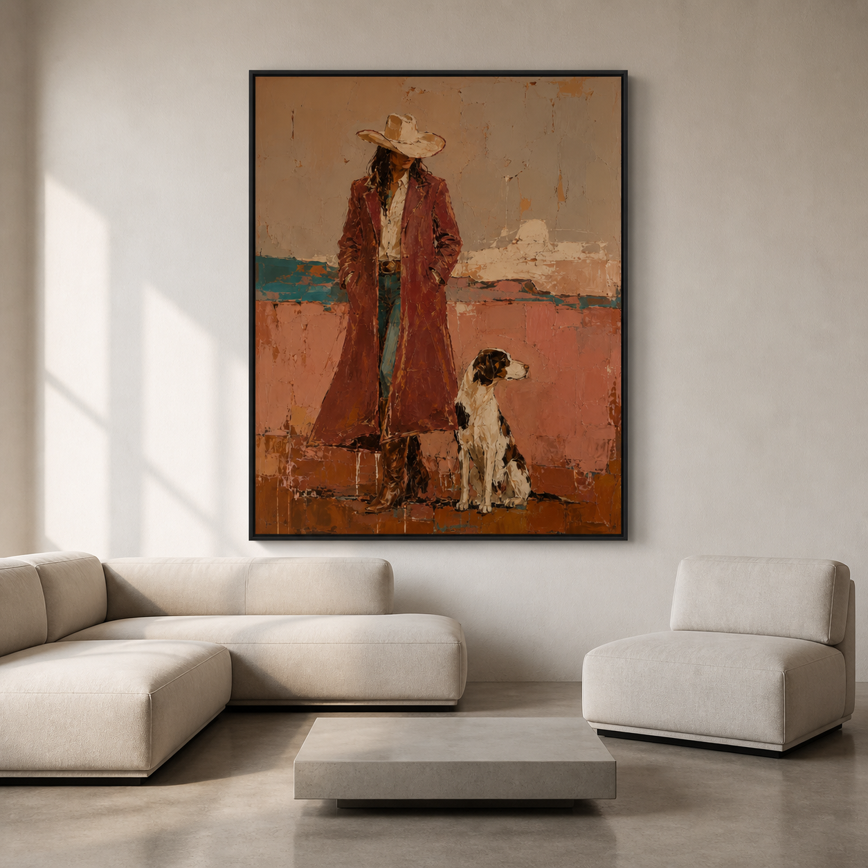 Companions on the Border - Cowgirl & Hound Dog Textured Painting