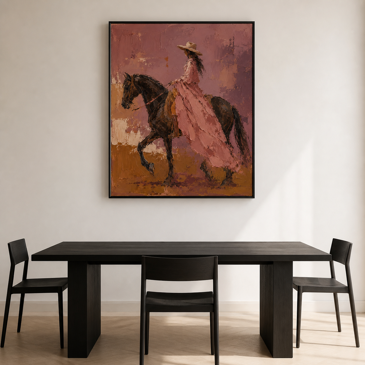 Dusty Rose Gallop - Cowgirl in Pink Dress on Horseback Textured Painting