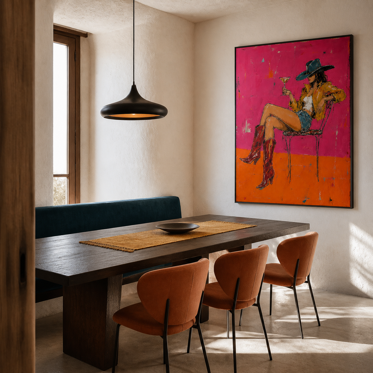 Neon Western Chic - Cowgirl with Cocktail Textured Painting