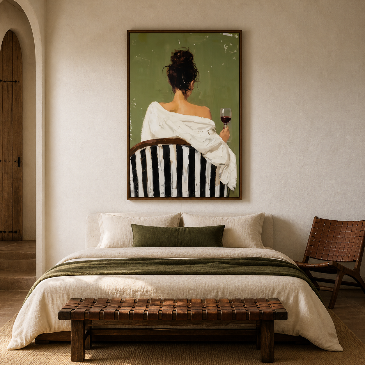Velvet Lounge - Modern Woman with Red Wine on Striped Chair Painting