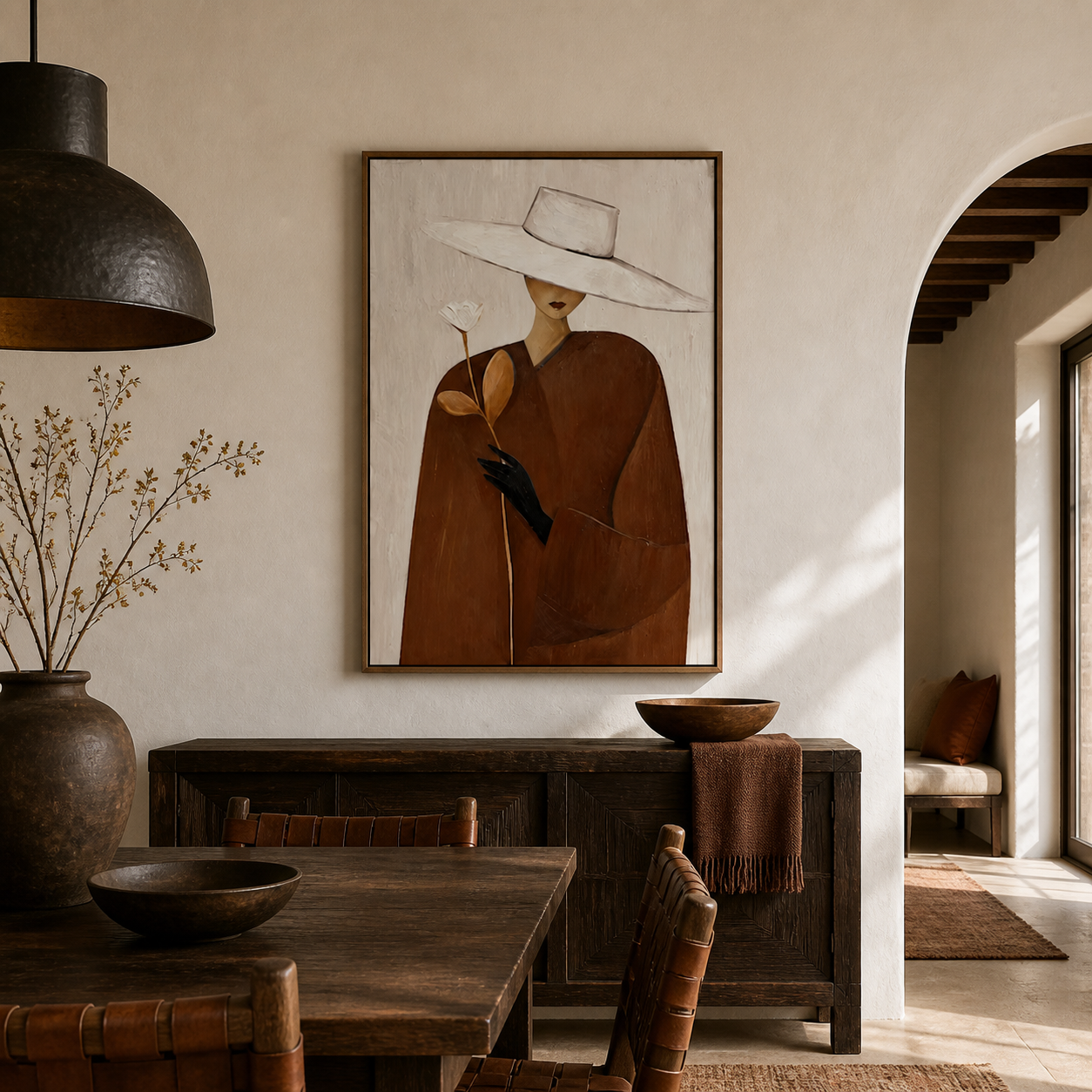 White Rose Romance - Brown Trench Coat Lady with Hat Oil Painting