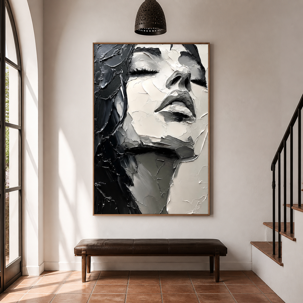 Sculptural Serenity - Heavy Impasto Black & White Woman Face Canvas