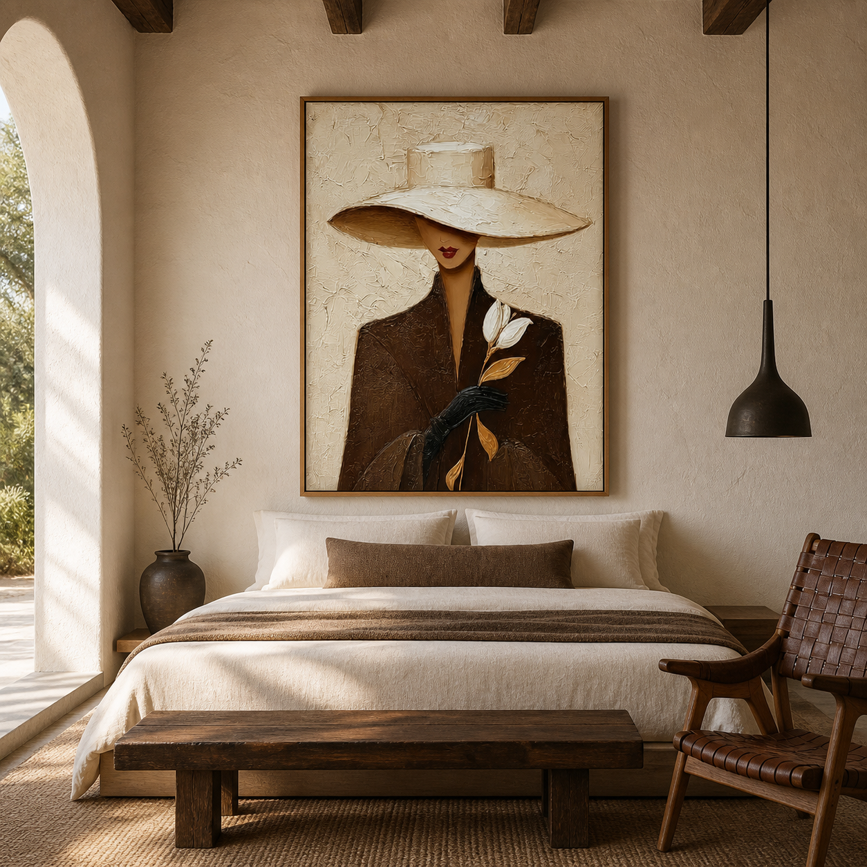 White Rose Romance - Brown Trench Coat Lady with Hat Oil Painting