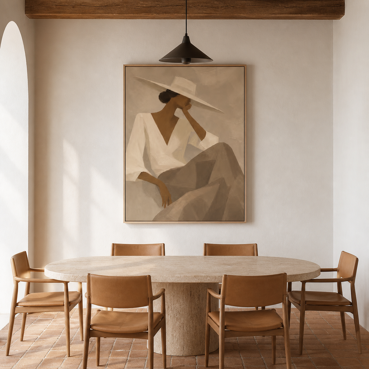 Tuscan Breeze - Minimalist Seated Woman in White V-Neck Canvas
