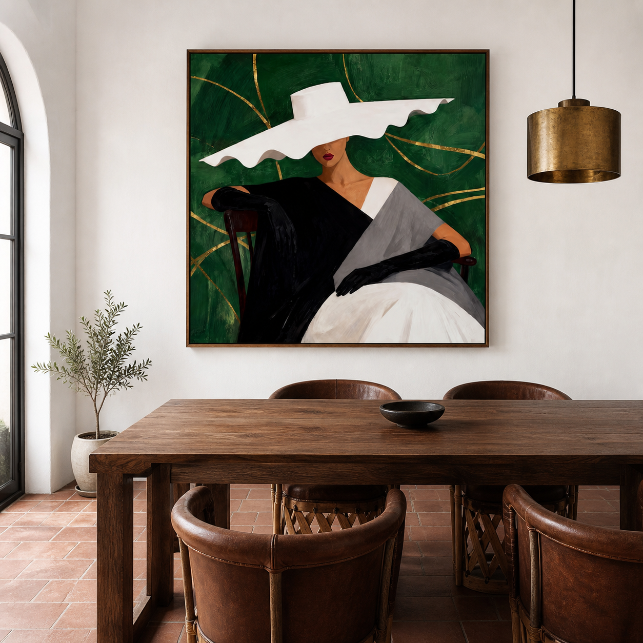 Emerald Empress - Wavy White Hat & Gold Foliage Canvas