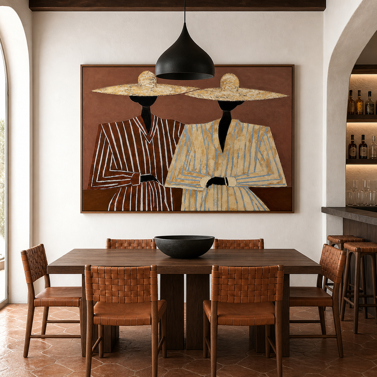 Desert Chic - Modern Straw Hat & Striped Suit Duo Canvas