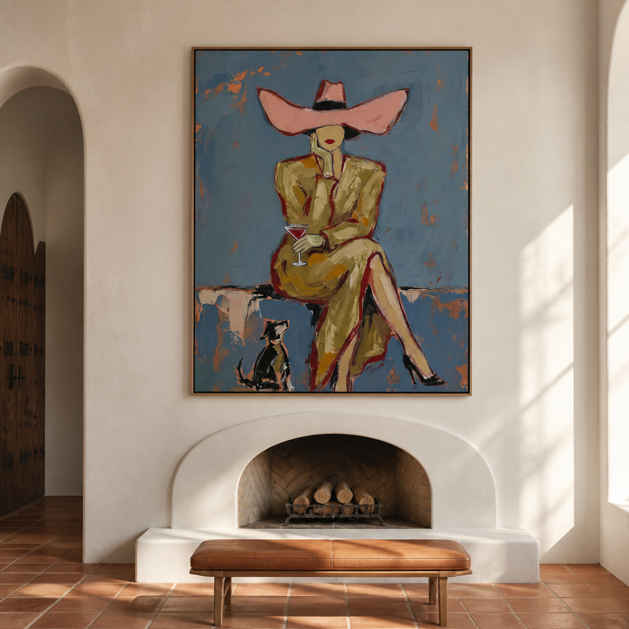 Parisian Afternoon - Elegant Lady with Martini & Dachshund Oil Painting
