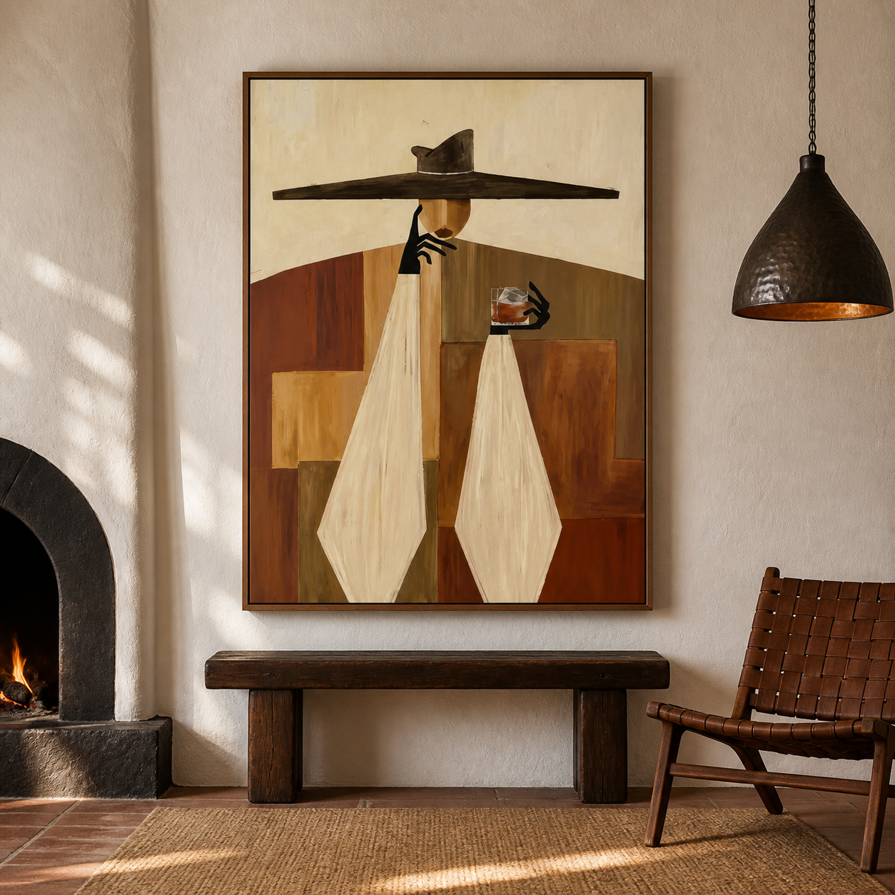 Terracotta Harmony - Geometric Earth Tones Lady with Cocktail Painting