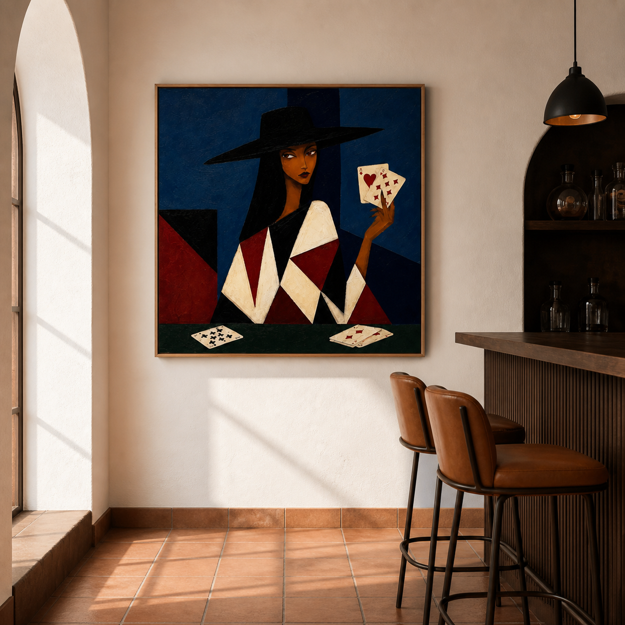 Queen of Hearts - Cubist Lady with Playing Cards Oil Painting
