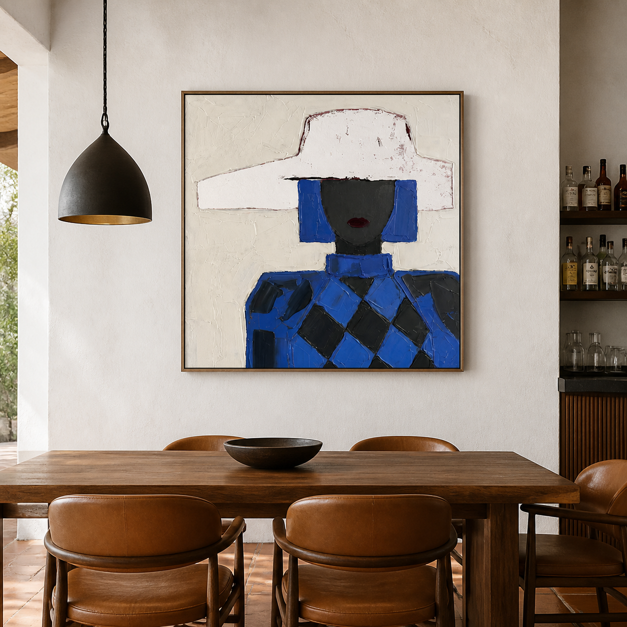 Cobalt Avant-Garde - Blue Diamond Pattern & White Hat Lady Painting
