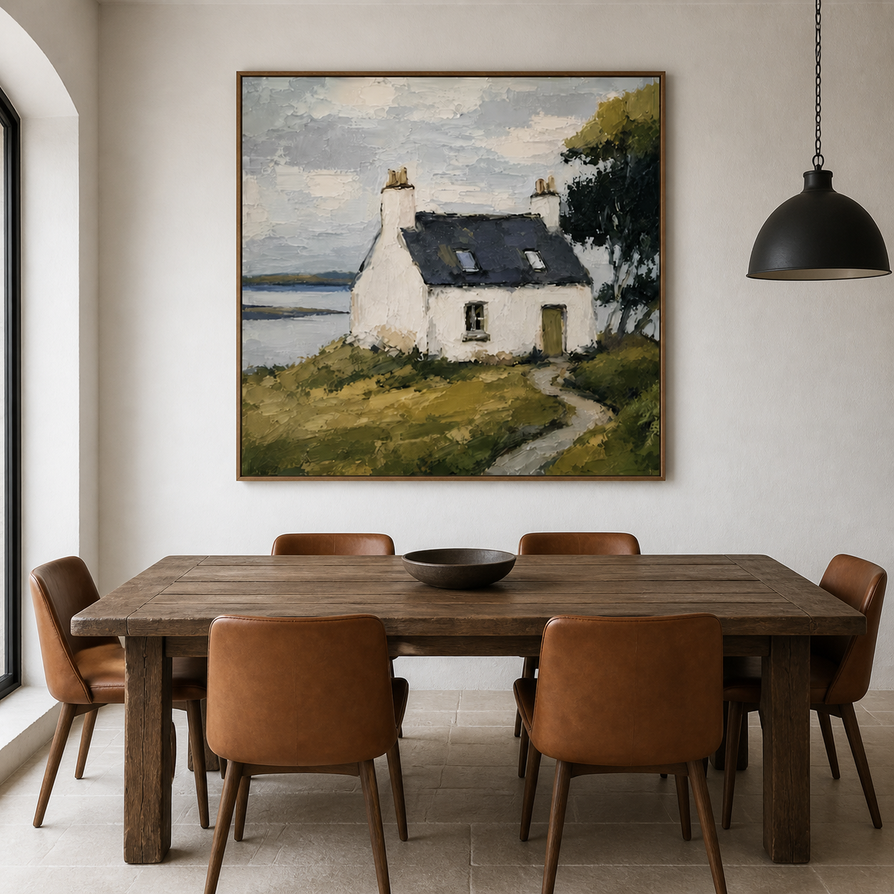 Highland Haven - Coastal White Cottage & Sea Impressionist Painting