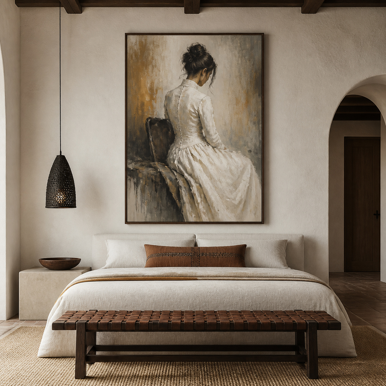 Golden Solitude - Elegant Woman in White Evening Dress Backview Oil Painting