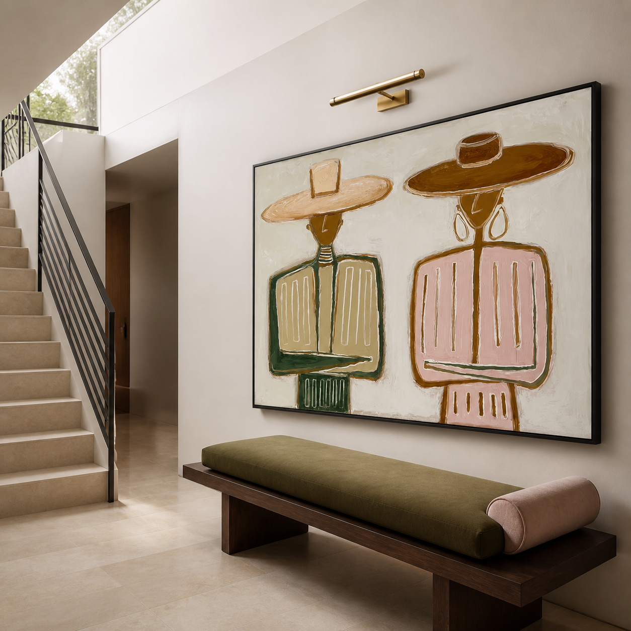 Desert Harmony - Folk Modern Couple in Wide-Brim Hats Canvas Painting