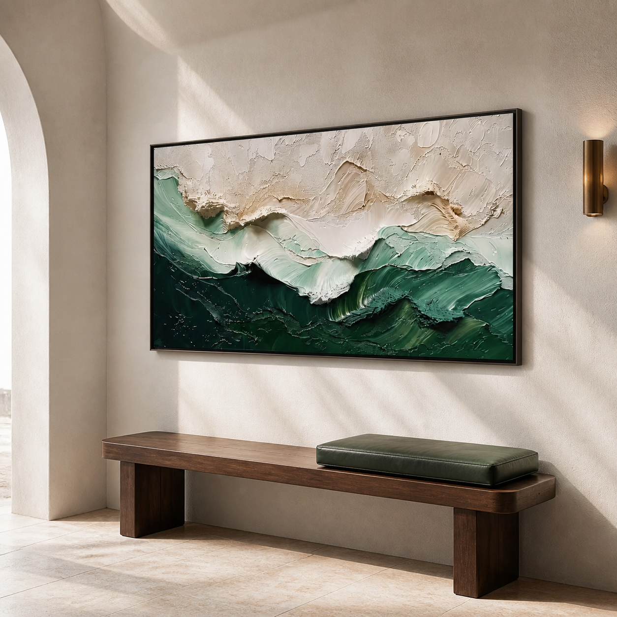 Emerald Tide - Forest Green & Cream Wave Texture Horizon Painting