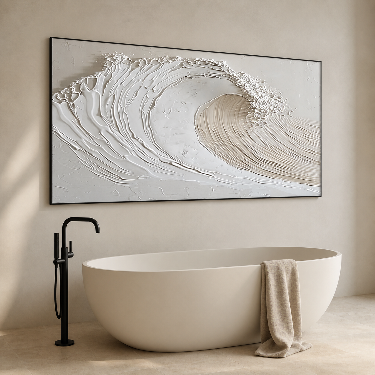 Pristine Crest - Minimalist White Ocean Wave Impasto Horizontal Canvas