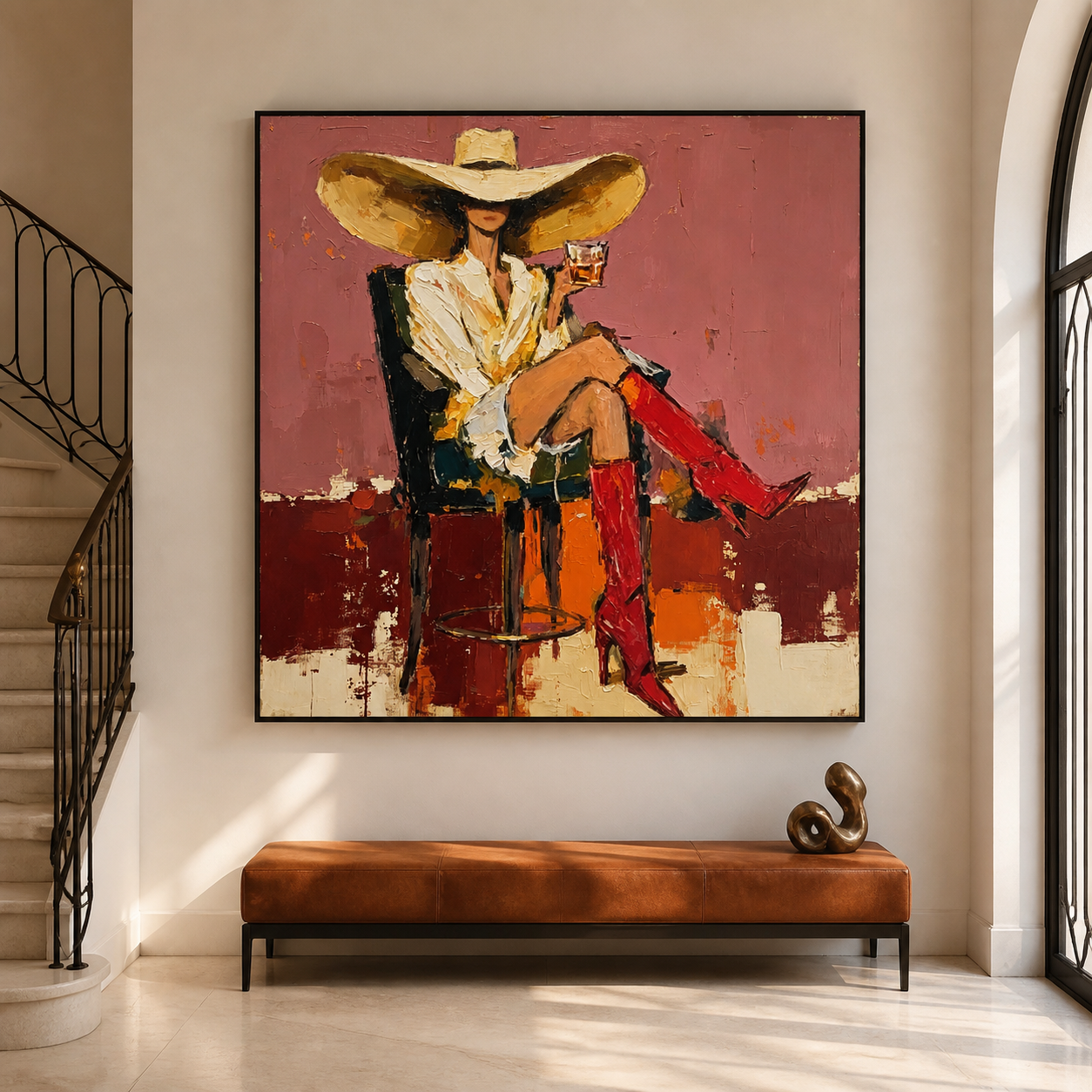 Crimson Stiletto - Chic Woman with Wide Brim Hat & Red Boots