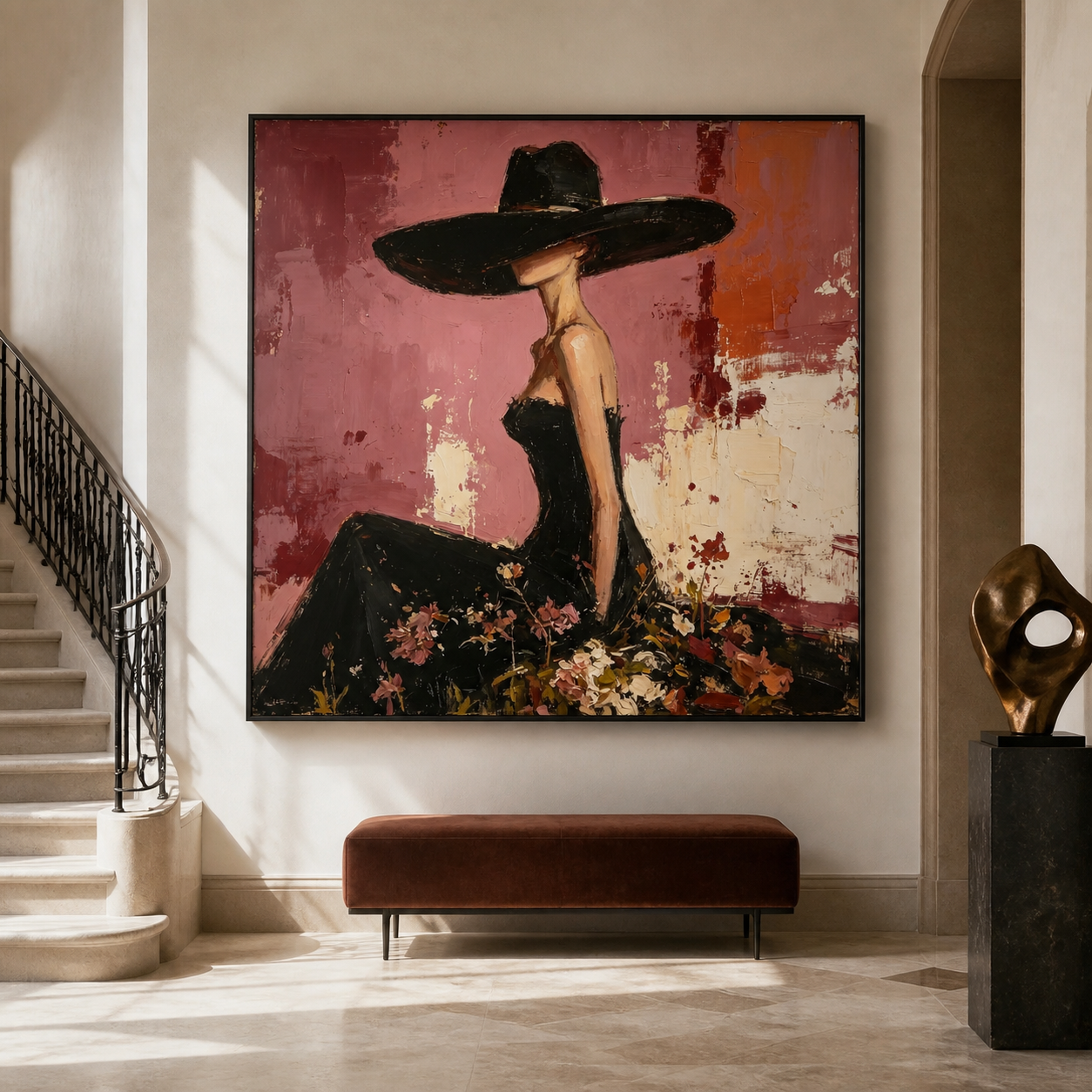 Velvet Night - Elegant Lady in Black Hat & Floral Gown Painting
