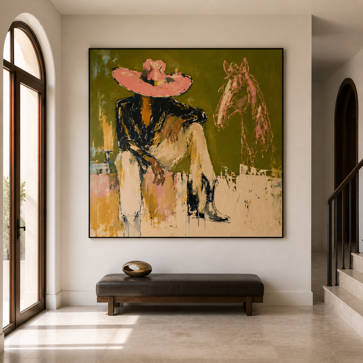 Desert Mirage - Pink Cowboy Hat & Line Art Horse Painting