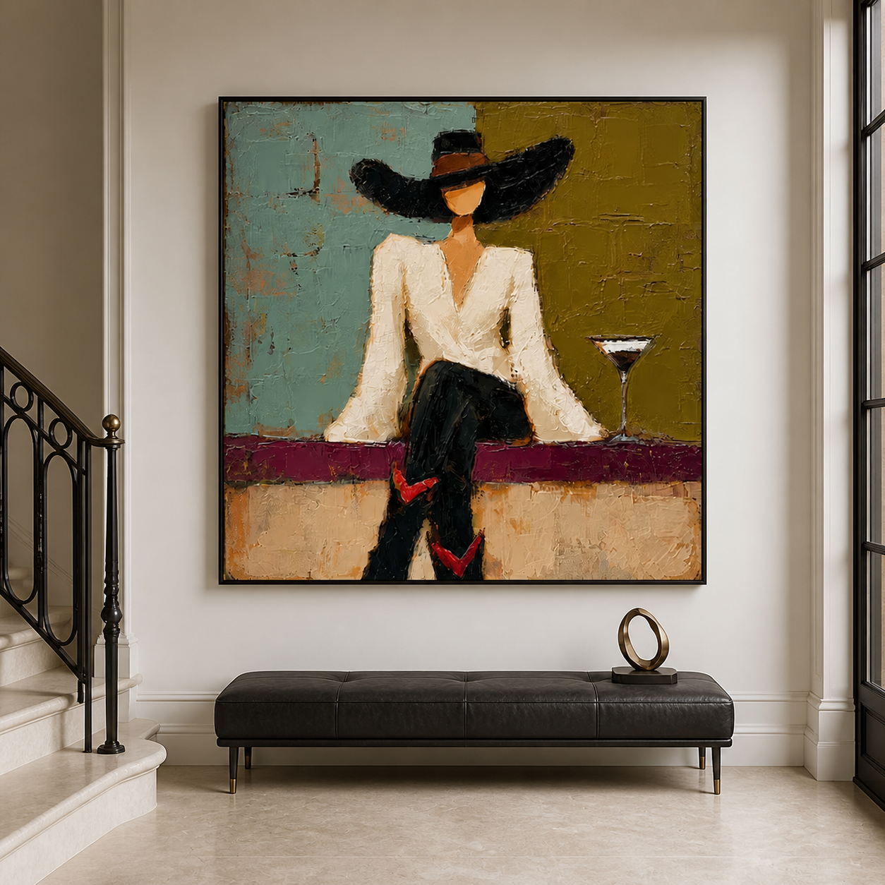 Golden Hour Lounge - Chic Lady in Black Hat with Cocktail