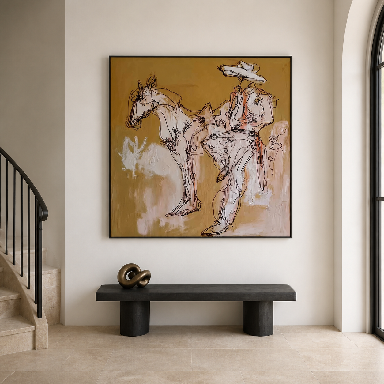 Wild Sketch - Abstract Ochre Horse & Cowboy Painting