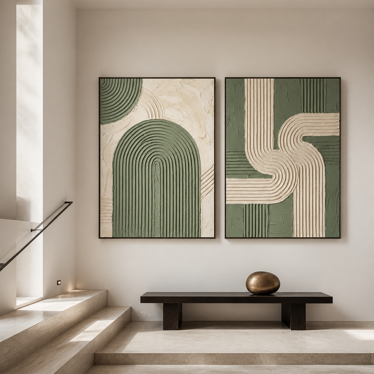 Verdant Curves - Green & Cream Textured Arch Painting Set