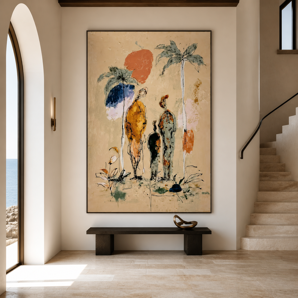 Tropical Solitude - Abstract Family & Palm Trees Impasto Painting
