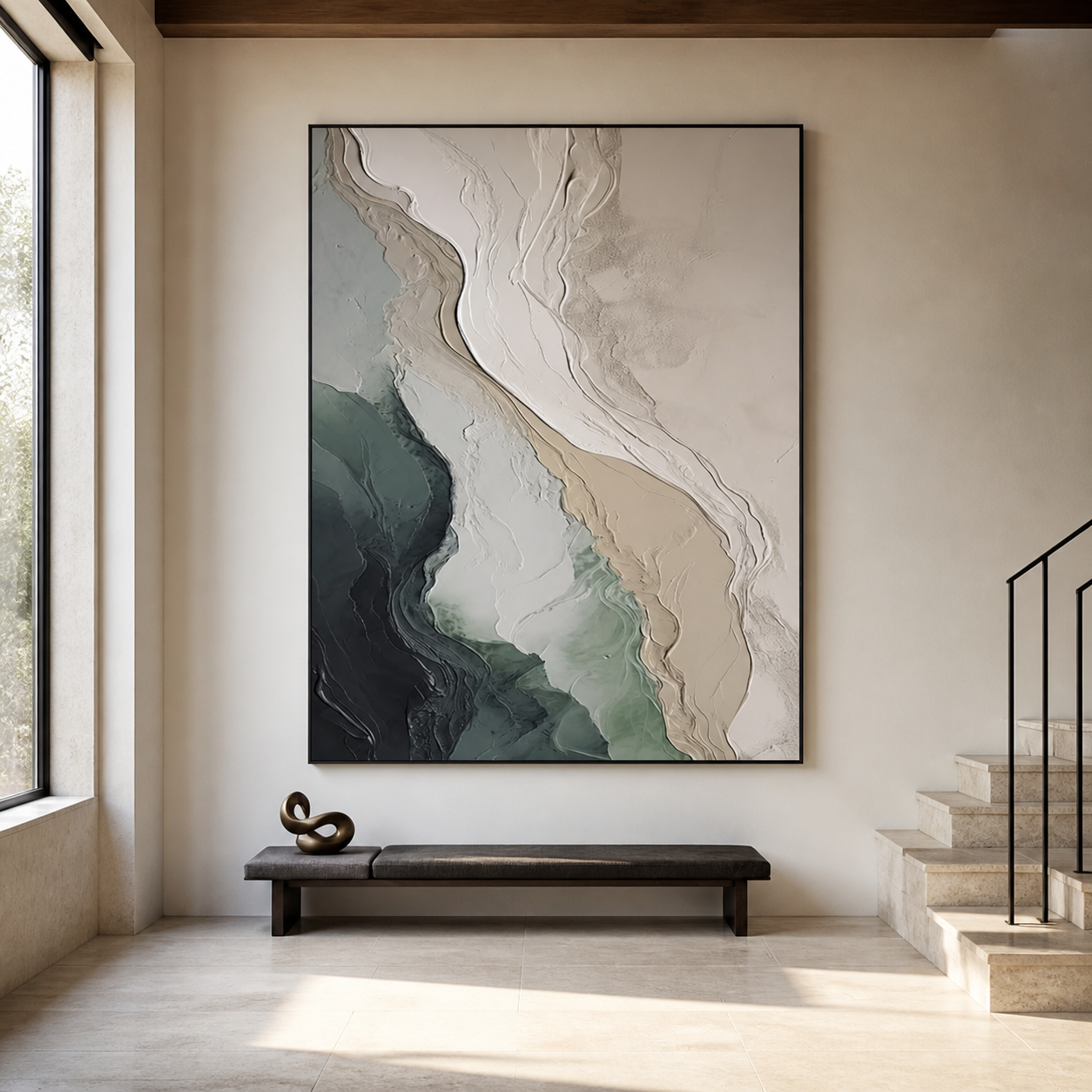 Earth & Ocean - Green & Cream Sculpted Coastal Texture Painting