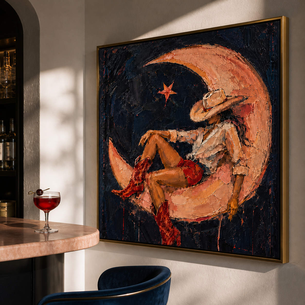 Midnight Crescent Dream - Cowgirl on Crescent Moon Textured Painting