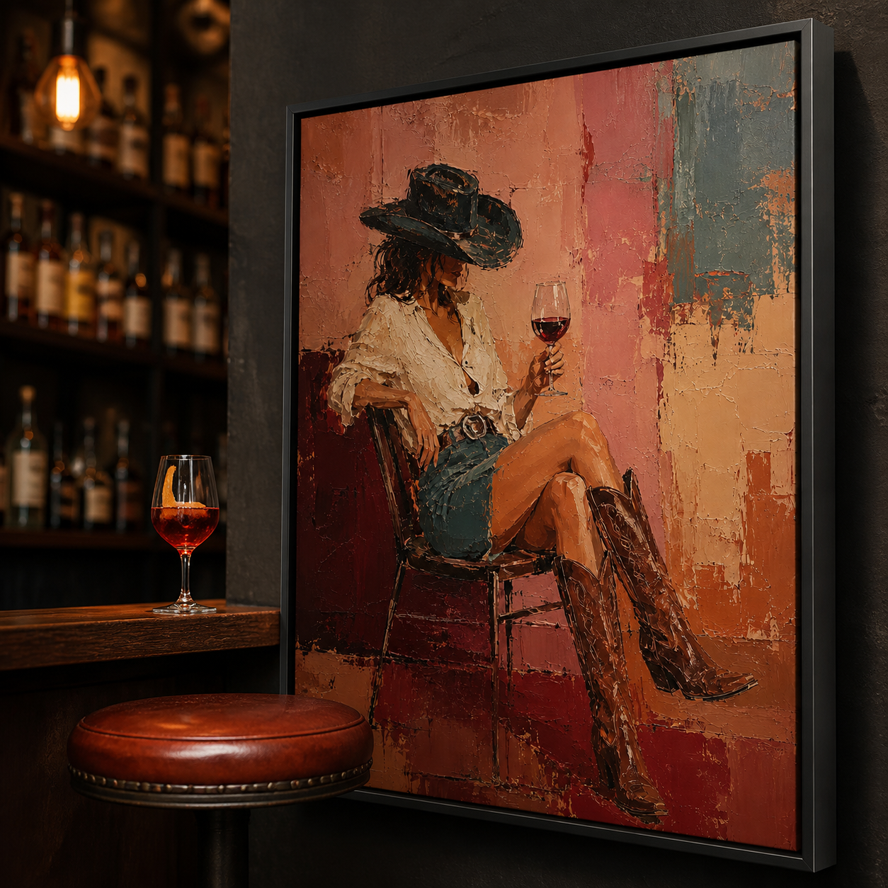 Velvet Twilight - Cowgirl Sipping Wine Textured Painting