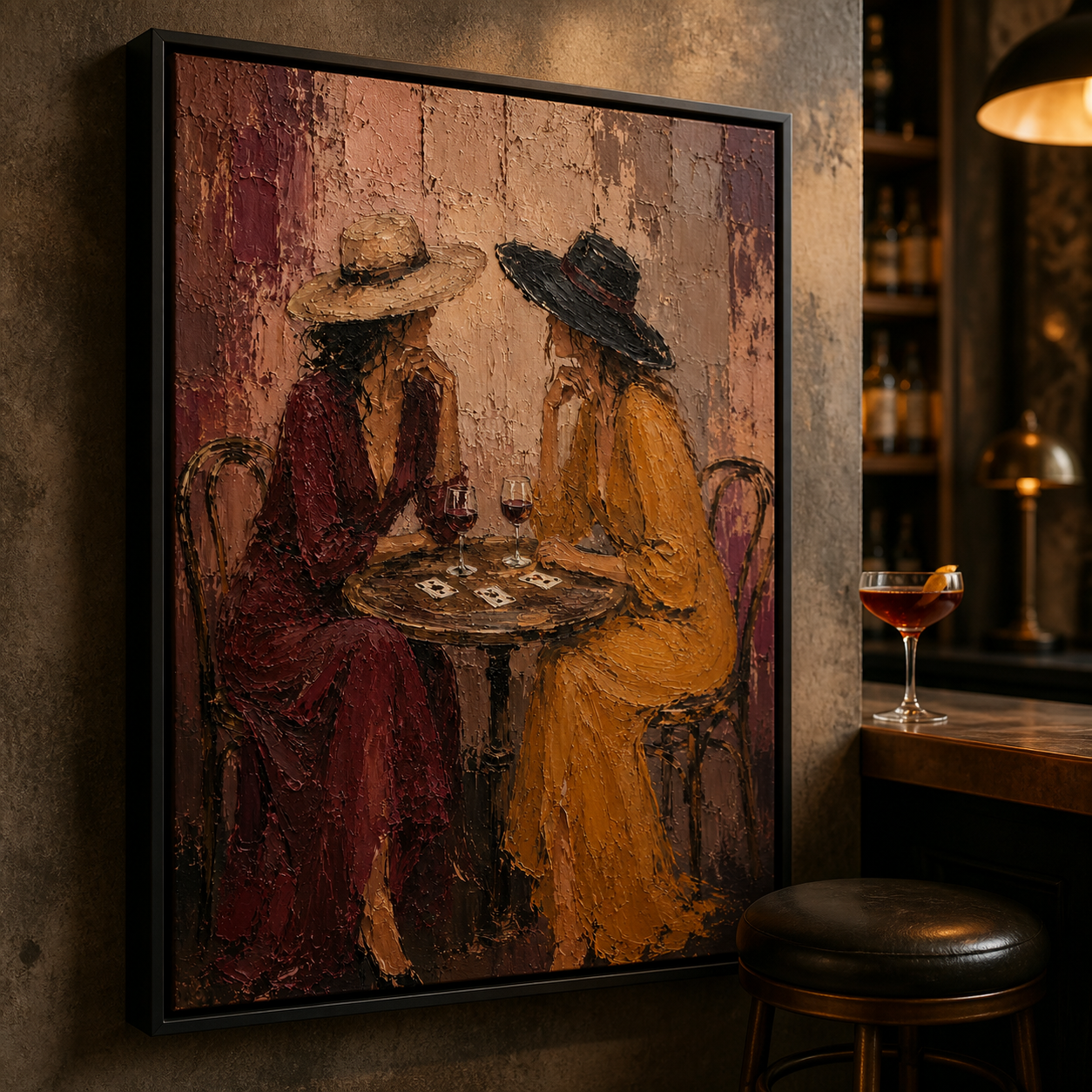 Cards & Cabernet - Two Cowgirls at Cafe Table Textured Painting