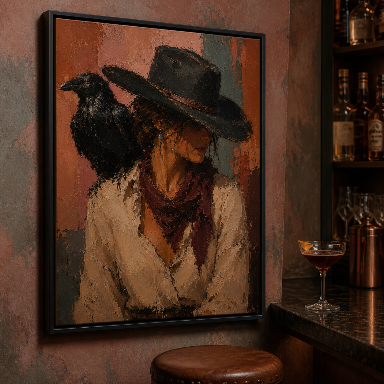 Silent Guardian - Cowgirl Close-Up with Raven Textured Painting