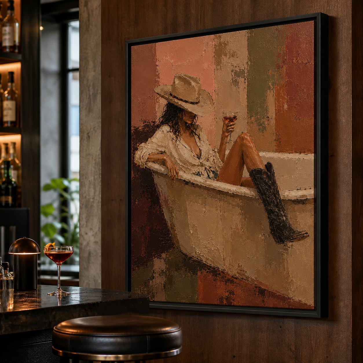 Unwind in Style - Cowgirl in Vintage Bathtub Textured Painting