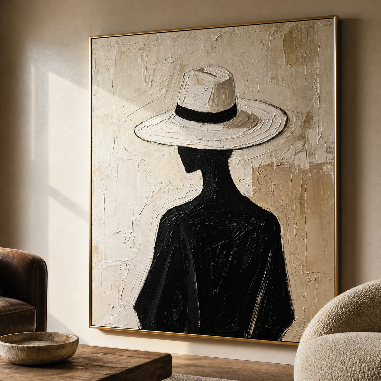 Noir Elegance - Silhouette Woman in White Hat Textured Painting