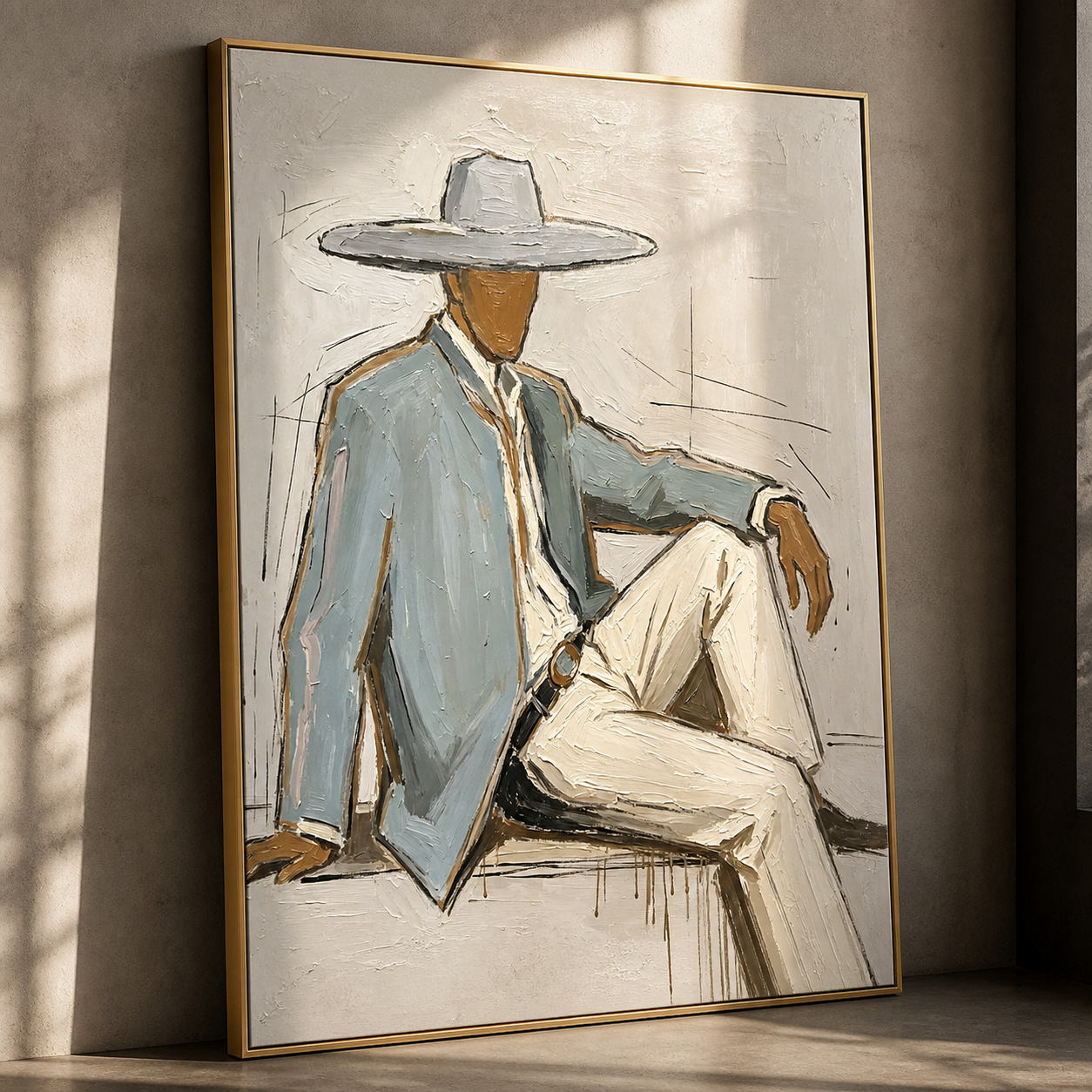 Casual Sophistication - Seated Gentleman in Wide Hat Textured Painting