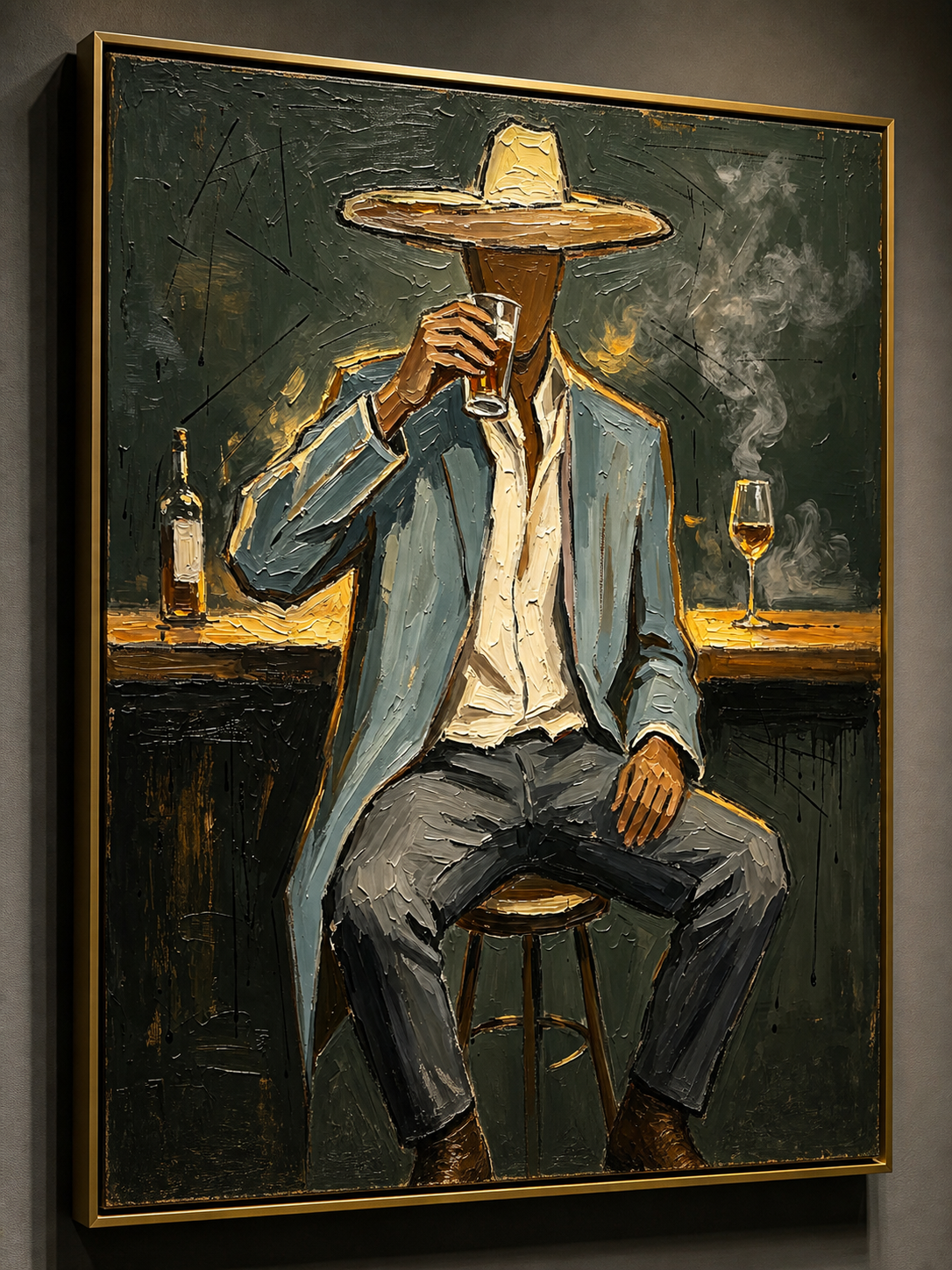 Speakeasy Solitude - Gentleman Drinking at Bar Textured Painting