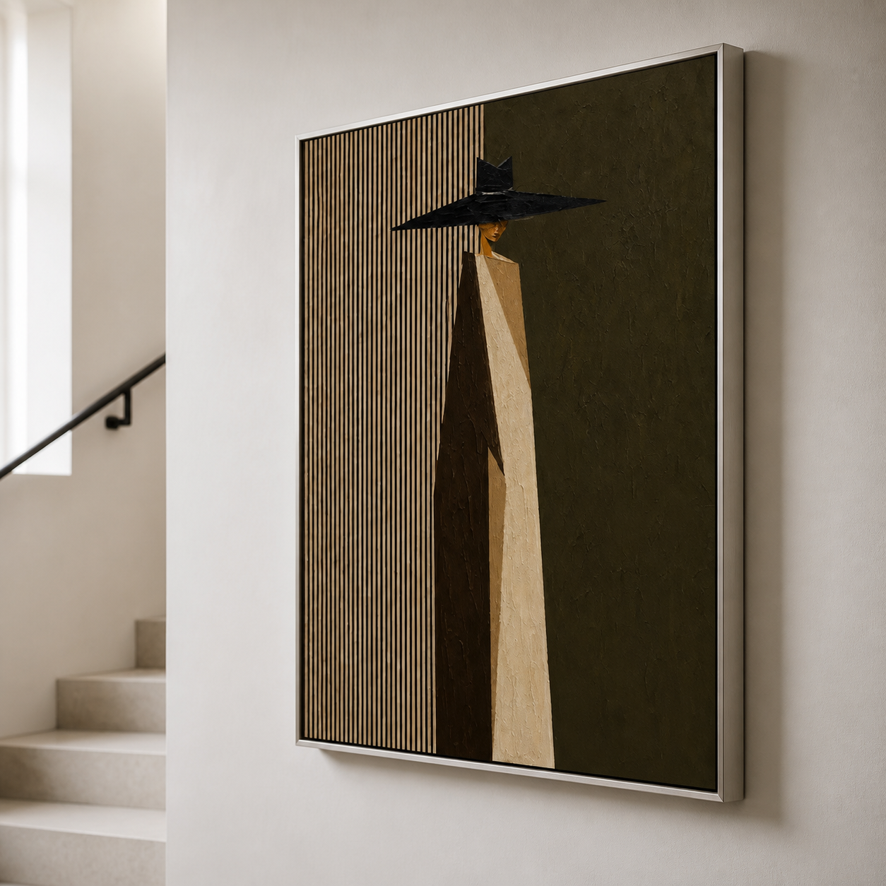 Avant-Garde Silhouette - Geometric Fluted & Black Hat Elegance Oil Painting