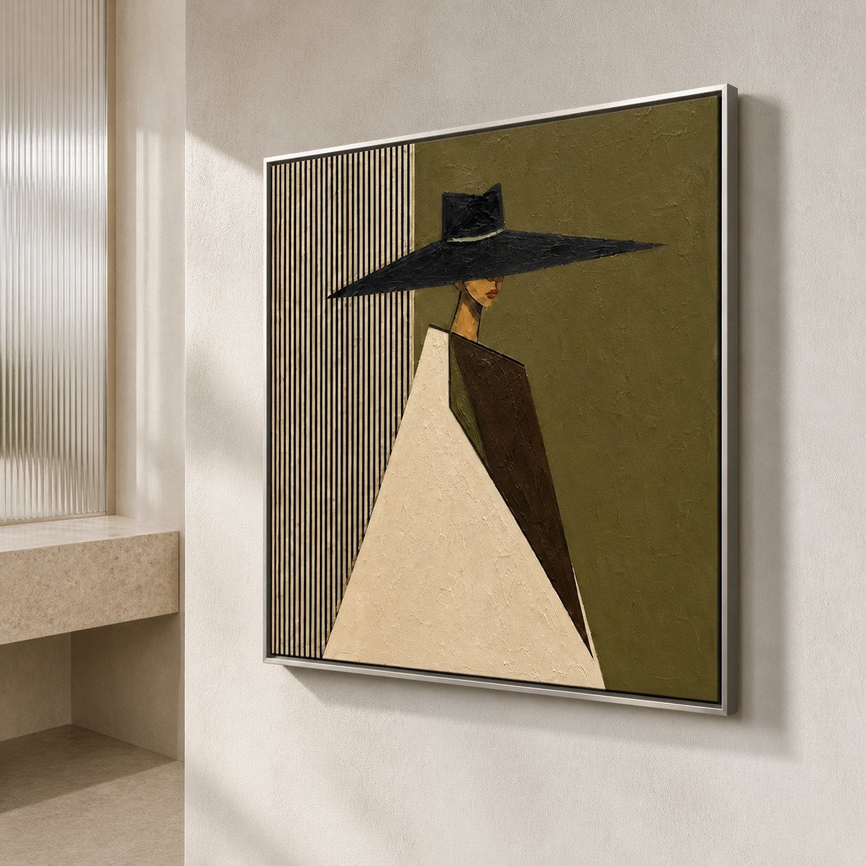 Garde Silhouette - Geometric Fluted & Black Hat Elegance Oil Painting