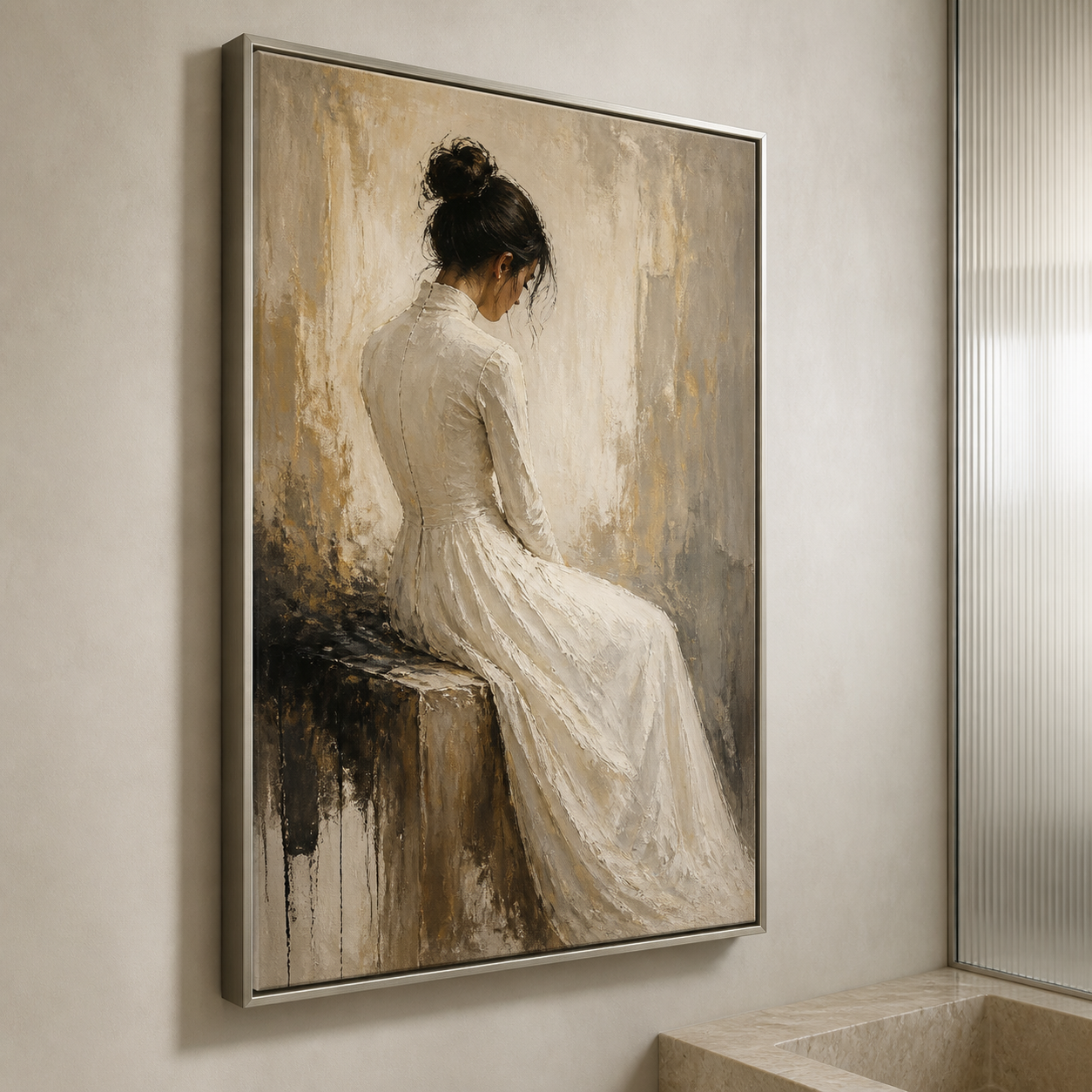 Golden Solitude - Elegant Woman in White Evening Dress Backview Oil Painting