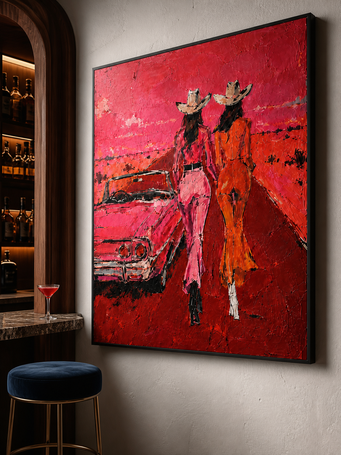 Crimson Highway Escapade - Two Cowgirls & Vintage Convertible Textured Painting