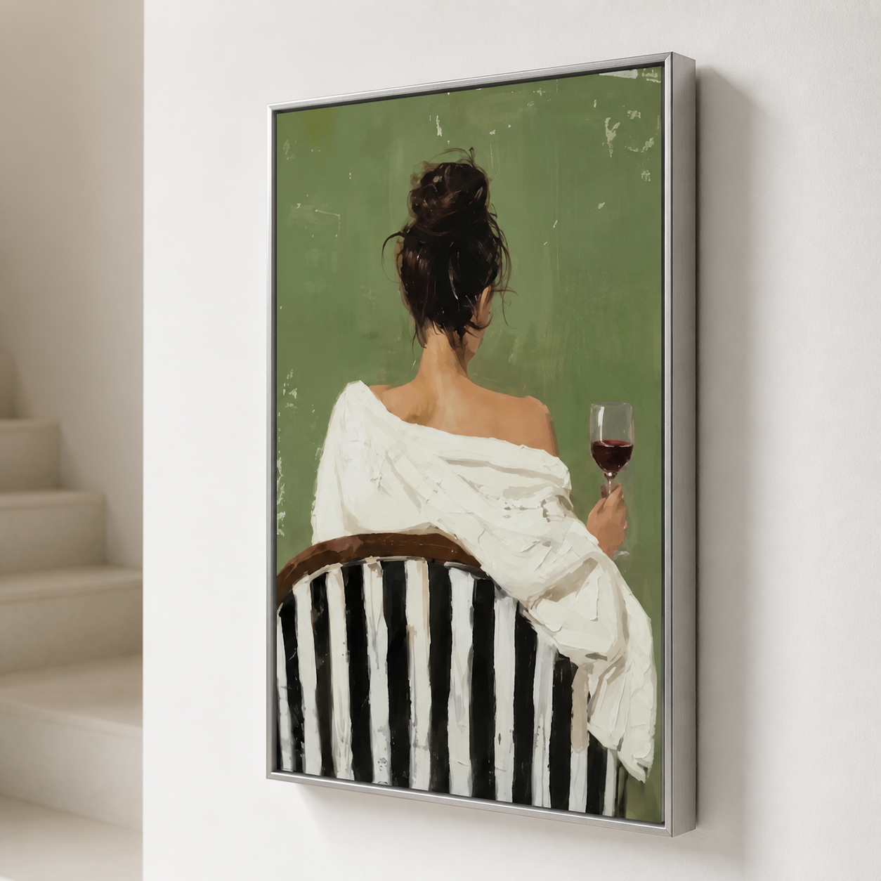 Velvet Lounge - Modern Woman with Red Wine on Striped Chair Painting