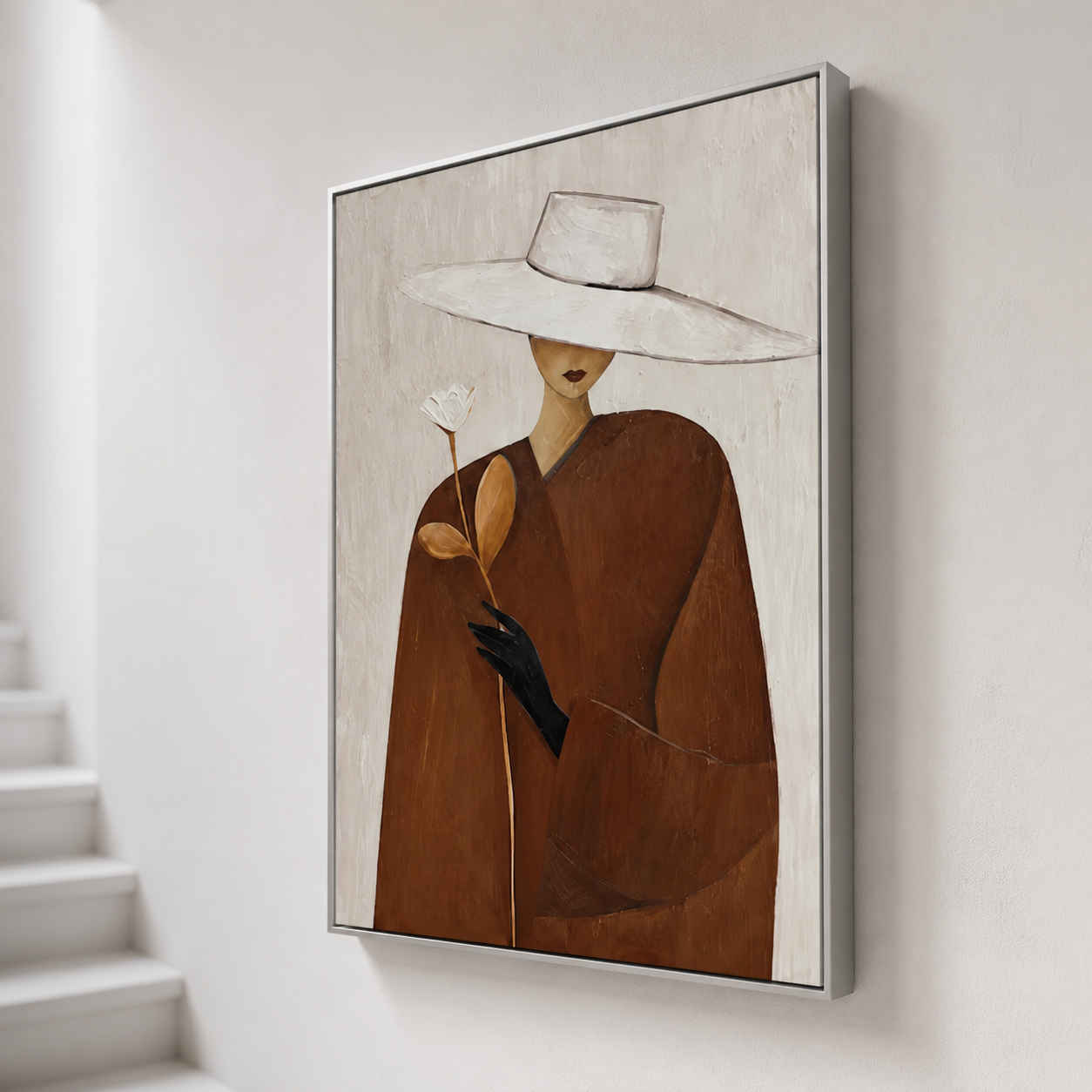White Rose Romance - Brown Trench Coat Lady with Hat Oil Painting